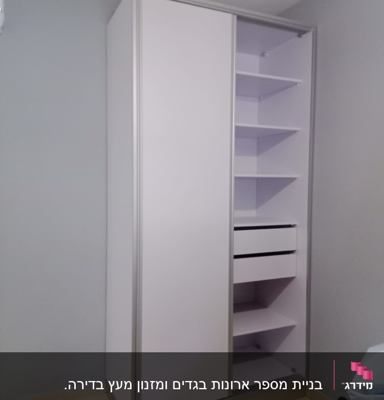 ארון לבן עם מדפים ומגירות פתוחים